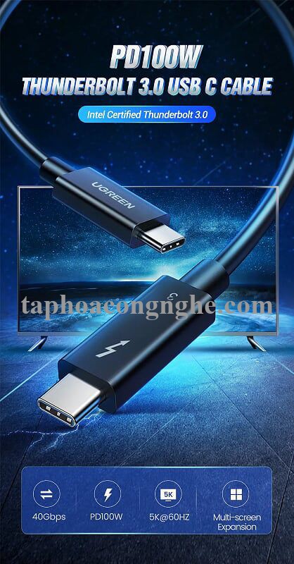 Ugreen 70951 0.8M 40Gbps 100W USB 3.1 cáp USB type C Thunderbolt 3 hỗ trợ PD màu đen US341 30070951